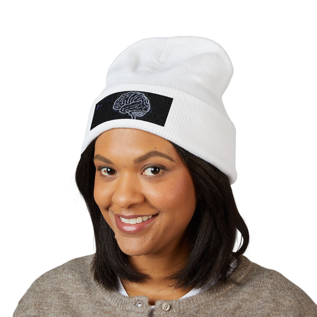 Embroidered Brain Cuffed Beanie — Minimalist Science Knit Hat