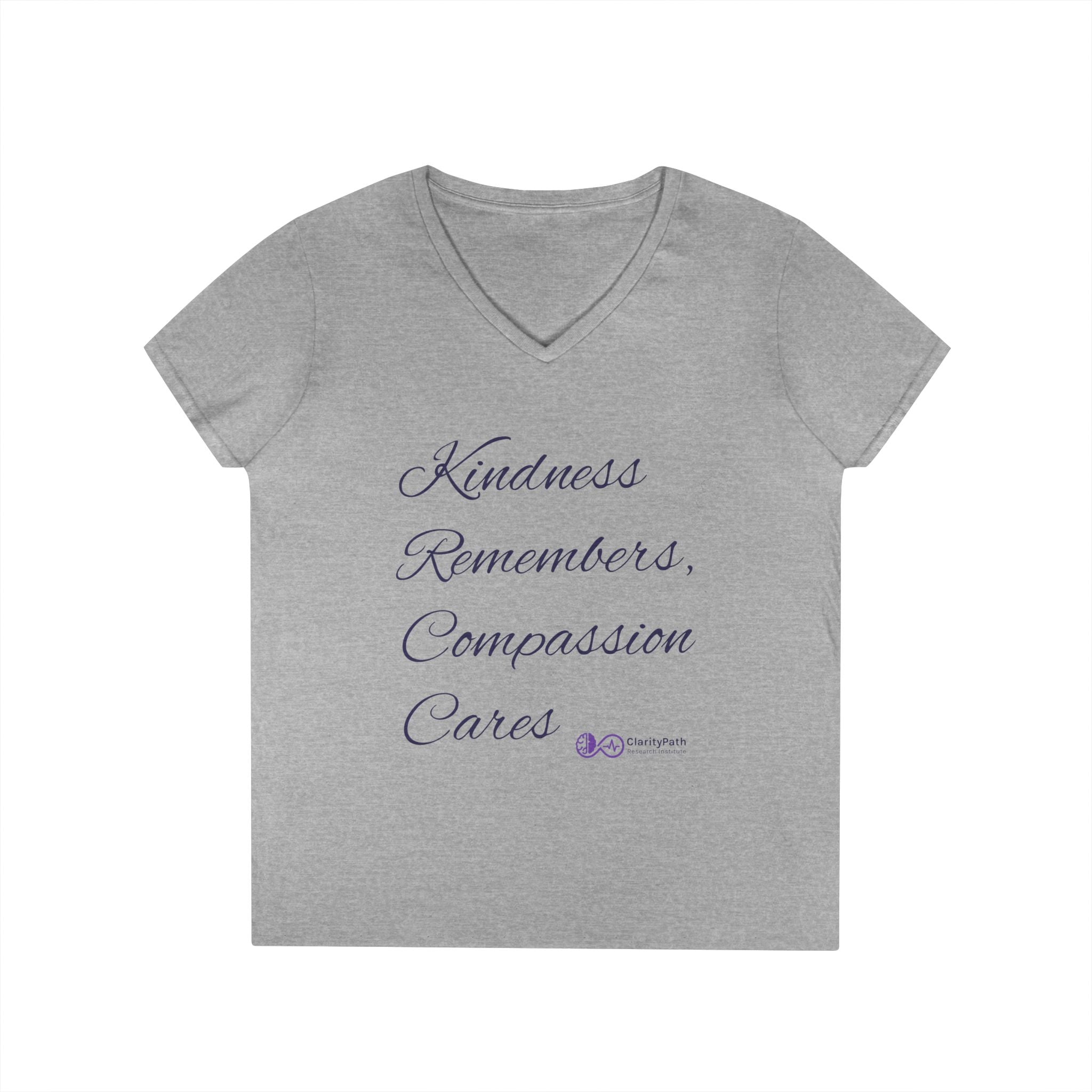 Kindness Remembers Compassion Cares V-Neck Tee — The Heart of Care Women’s T-Shirt