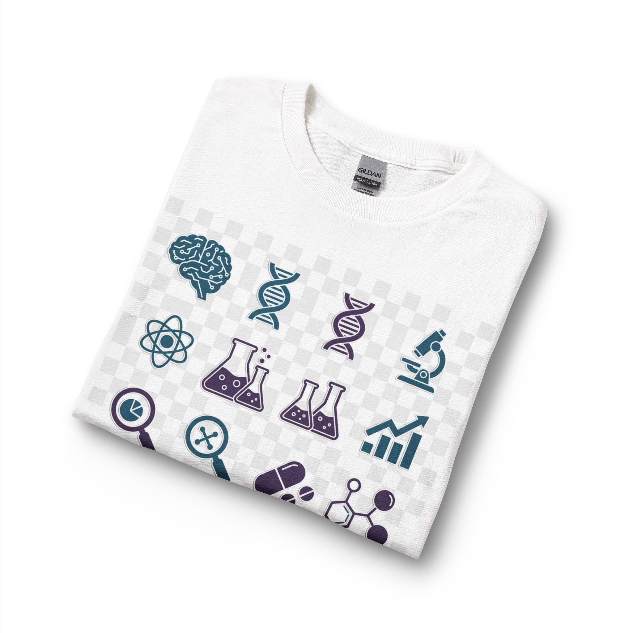 Science Icons Long Sleeve Tee — DNA, Lab & Medical Symbol Graphic Shirt
