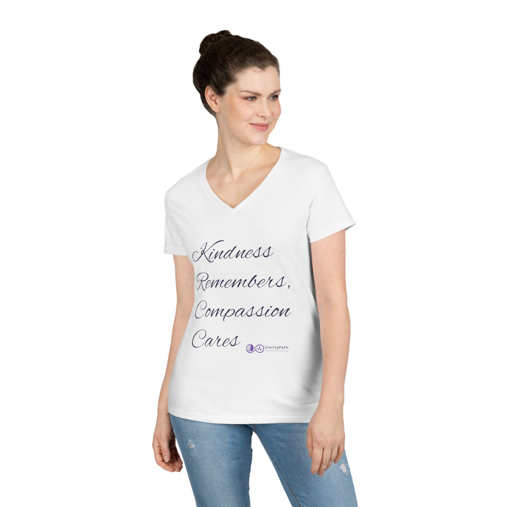 Kindness Remembers Compassion Cares V-Neck Tee — The Heart of Care Women’s T-Shirt