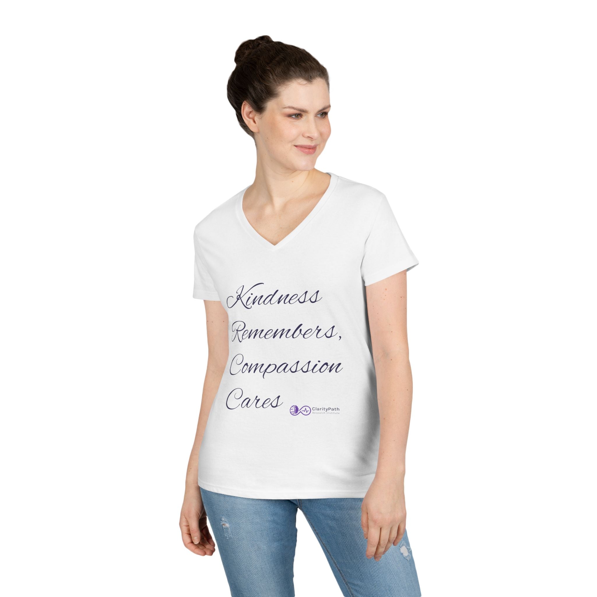 Kindness Remembers Compassion Cares V-Neck Tee — The Heart of Care Women’s T-Shirt