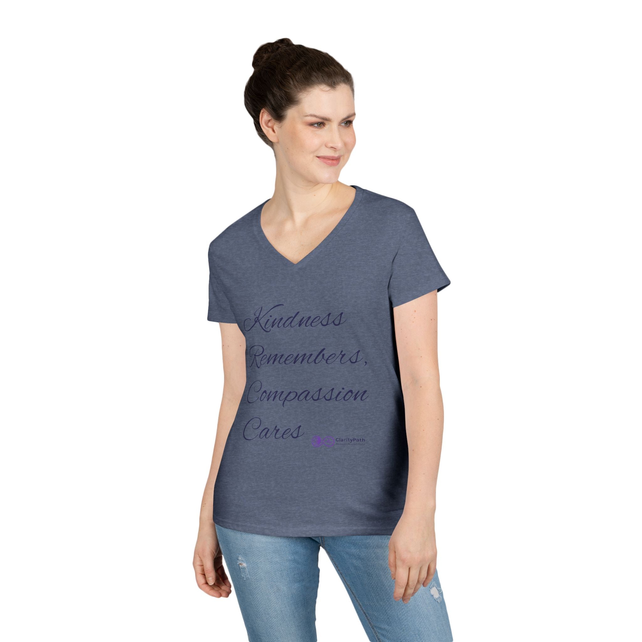 Kindness Remembers Compassion Cares V-Neck Tee — The Heart of Care Women’s T-Shirt