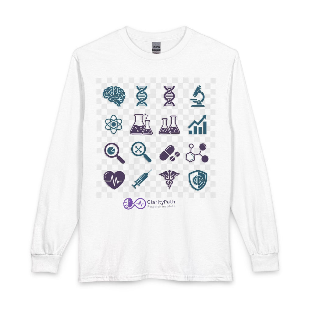 Science Icons Long Sleeve Tee — DNA, Lab & Medical Symbol Graphic Shirt