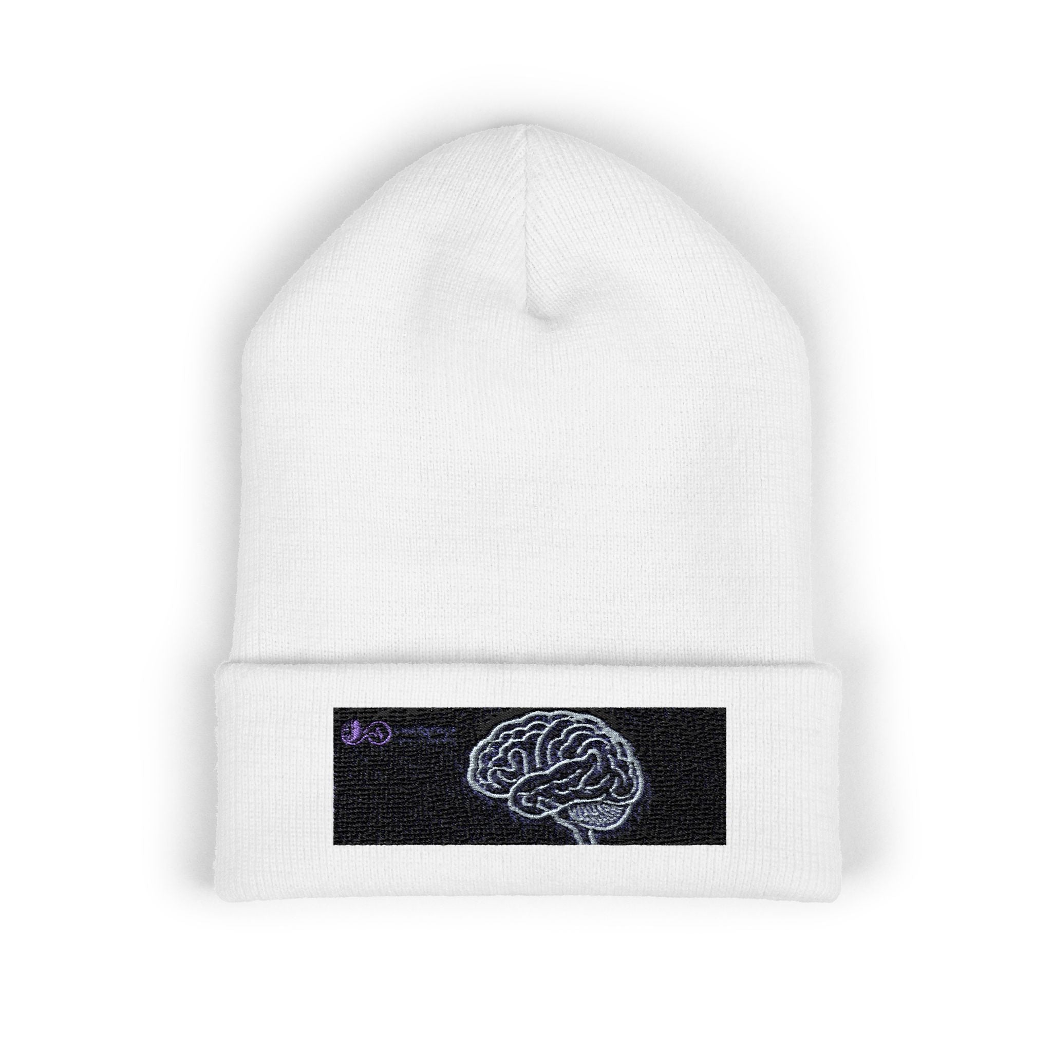 Embroidered Brain Cuffed Beanie — Minimalist Science Knit Hat