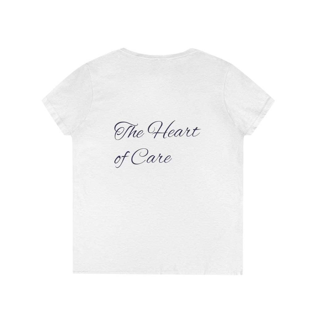 Kindness Remembers Compassion Cares V-Neck Tee — The Heart of Care Women’s T-Shirt