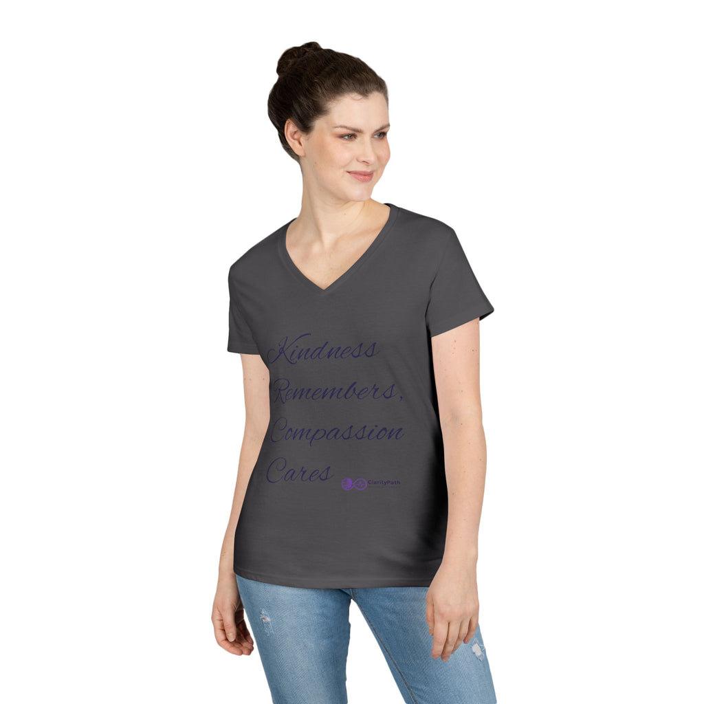 Kindness Remembers Compassion Cares V-Neck Tee — The Heart of Care Women’s T-Shirt