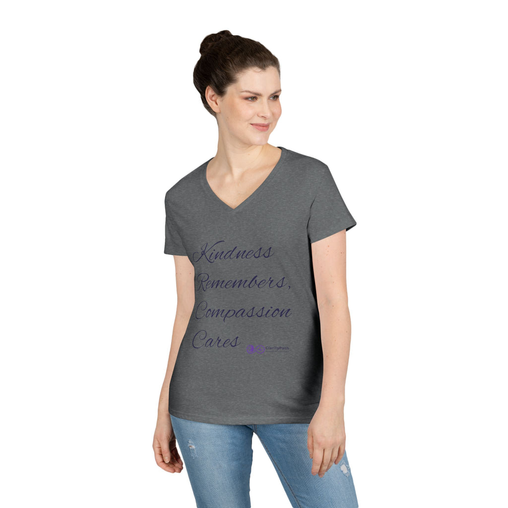 Kindness Remembers Compassion Cares V-Neck Tee — The Heart of Care Women’s T-Shirt